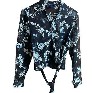 Ann Taylor Black and Blue Floral Wrap Top